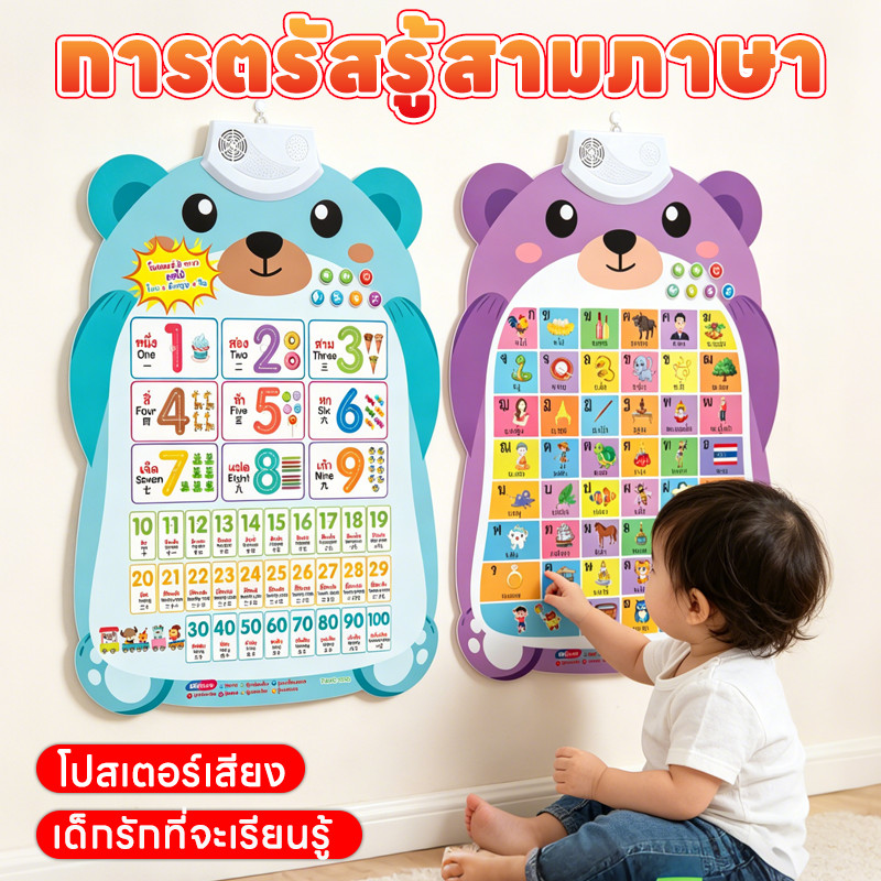 โปสเตอร์เสียง 3 ภาษา ไทย อังกฤษ และจีน เหมาะสำหรับเด็กอายุ1-6ปี เสื่อพูดพร้อมพยัญชนะ สระ ตัวเลข และเนื้อหาเกี่ยวกับสัตว์