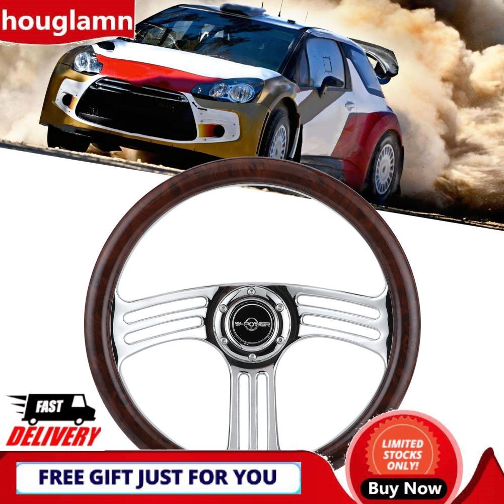 houglamn 14in พวงมาลัย 350mm/14in Dark Wood Grip 6?Bolts Chrome 3?Spoke Vintage