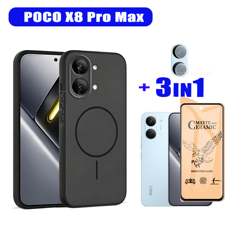 3in1 ชุดสําหรับ Poco X8 Pro Max, สีทึบ Matte กันกระแทกซิลิโคนแข็งเคสโทรศัพท์,เซรามิคป้องกันหน้าจอและฝาครอบเลนส์กล้อง