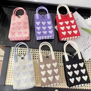 กระเป๋าถือไหมพรม ถักนิตติ้งลายหัวใจ (A596) กระเป๋าสะพายข้างสำหรับผู้หญิง สไตล์น่ารัก ดีไซน์สวย ใส่มือถือได้