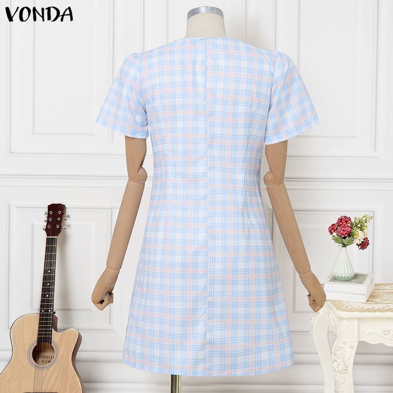 VONDA ผู้หญิงเกาหลีหวานสไตล์วิทยาลัยปกแขนสั้น Tie-Up Bows ลายสก๊อต A-Line ชุดเดรสสายเดี่ยว — صورة 8