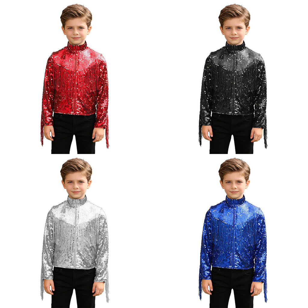 Yeahdor เด็กเด็ก Glittery เลื่อมแจ็คเก็ตพู่แขนยาว Mock คอด้านหน้าซิป Fringe Coat Outerwear สําหรับ Jazz Dance คาวบอย Party