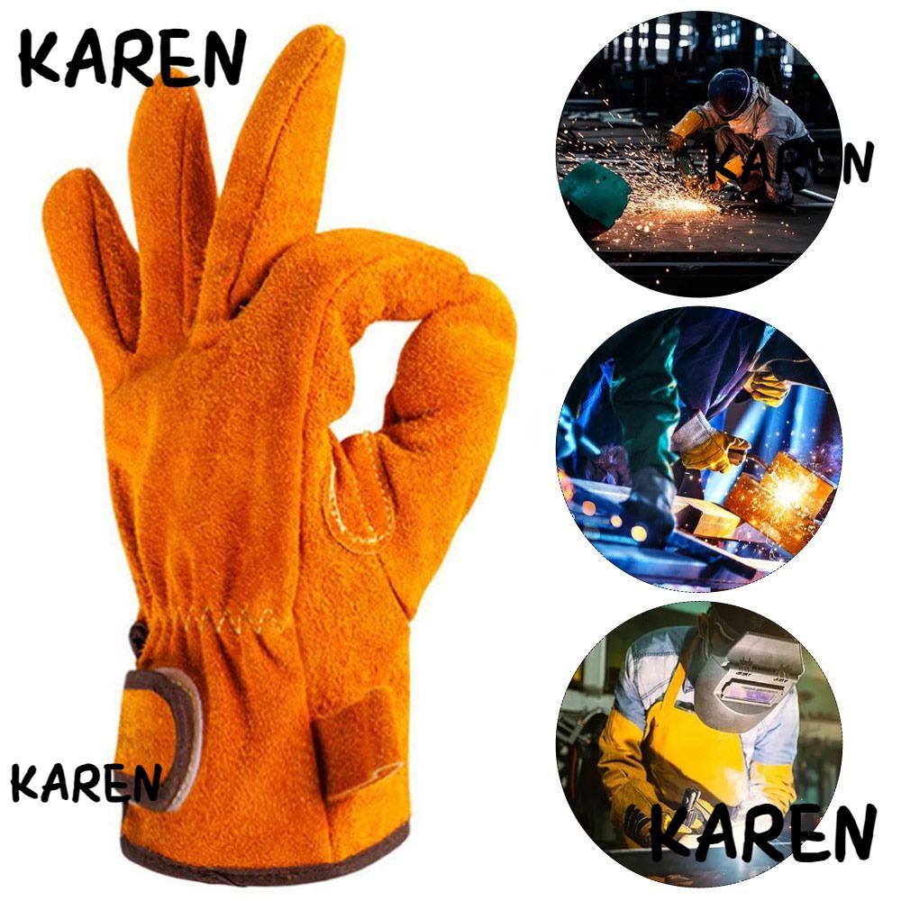 KARENGOODS ถุงมือเชื่อมหนังวัว, ถุงมือทํางานหนังกันลื่นป้องกันอัคคีภัย, ถุงมือทํางานช่างเชื่อมทนต่อการสึกหรอสําหรับงานหนักป้องกันความปลอดภัย