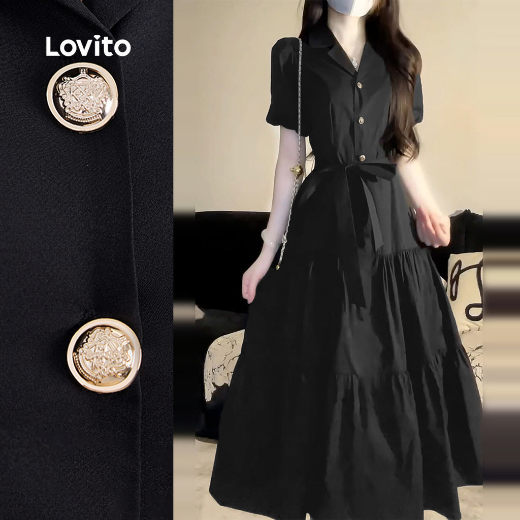 Lovito ชุดเดรสหรูหราชั้นซ้อนกัน พร้อมโลหะสำหรับฤดูใบไม้ผลิ/ฤดูร้อน สีดำ L142LD066