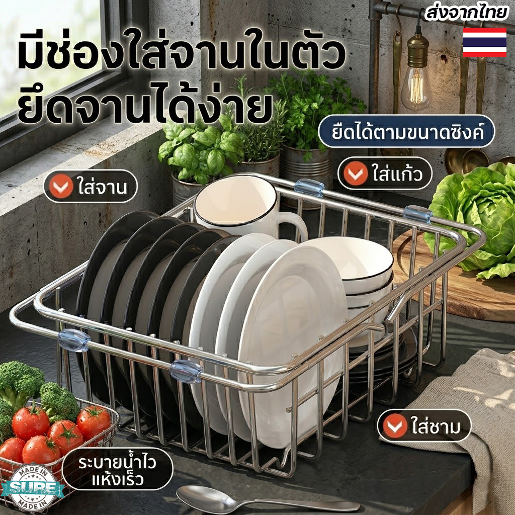 ตะกร้าใส่ซิงค์ล้างจาน สแตนเลส 304 ยืดได้ ปรับความยาวได้ ระบายน้ำไว ไม่เป็นสนิม ใช้งานง่าย ประหยัดพื้นที่