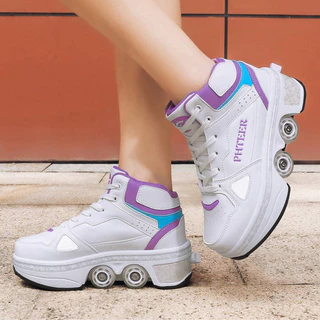 Big สี่ล้อ Pulley รองเท้าชายหญิงเด็ก Runaway Shoelaces ล้อกีฬารองเท้าสเก็ตบอร์ดกลางแจ้ง Double-Row Roller Skates One-Button สวิทช์ Au