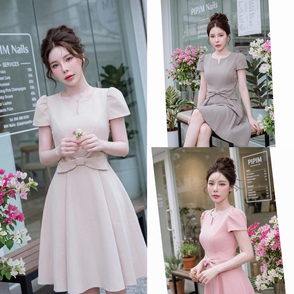 D259 เดรสคอวีแต่งโบว์ กระเป๋าล้วง มีไซส์S-3XL ใส่ทำงาน ออกงาน ไปงานแต่ง เพิ่มความมั่นใจได้เลย