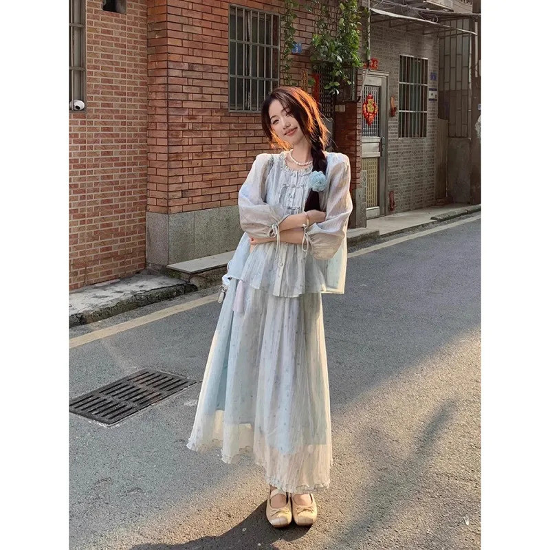 XYJ วรรณกรรมสาวใหม่สไตล์จีน Mint Mambo ชุดหญิง Smudge พิมพ์ปุ่มเสื้อ A-Line กระโปรงชุดสองชิ้น