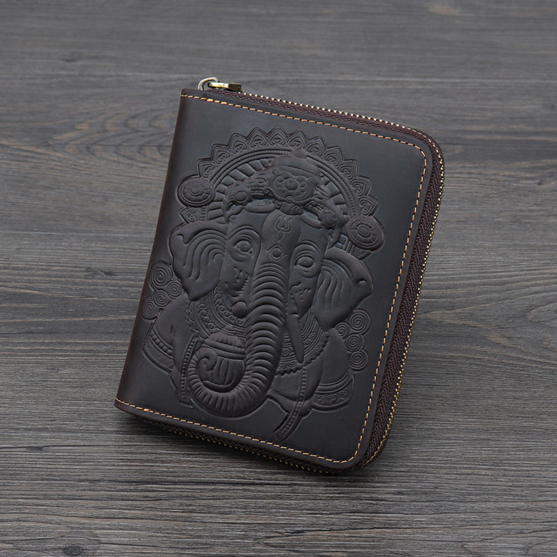 Retro First Layer Cowhide ออร์แกนผู้ถือบัตรผู้ชายผู้หญิง Crazy Horse หนังซิป Multi-Card Slot ของแท้ห
