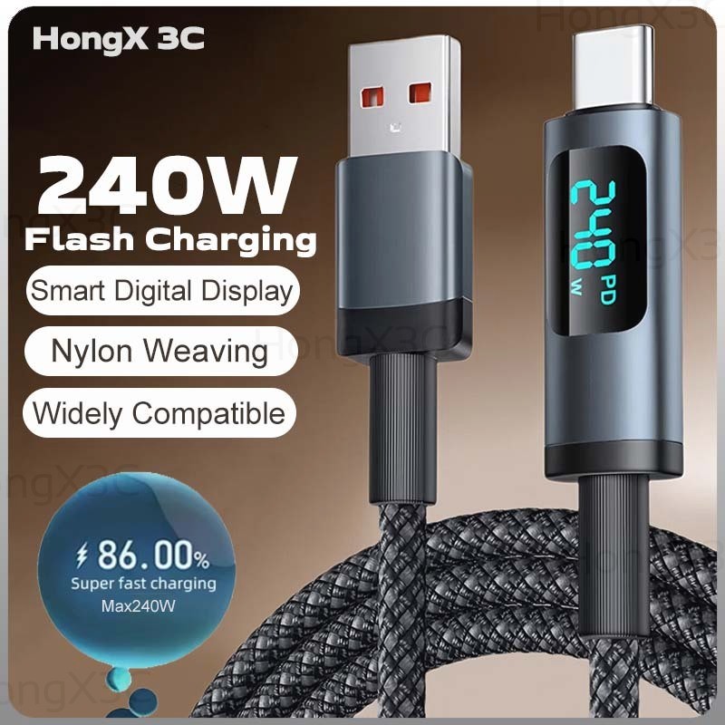 Universal 240W Flash สายชาร์จข้อมูลจอแสดงผลดิจิตอล USB/USB-C ถึง Type C สายชาร์จโทรศัพท์ไนลอนทอผ้า 6A สายชาร์จในรถยนต์สําหรับโทรศัพท์/แท็บเล็ต