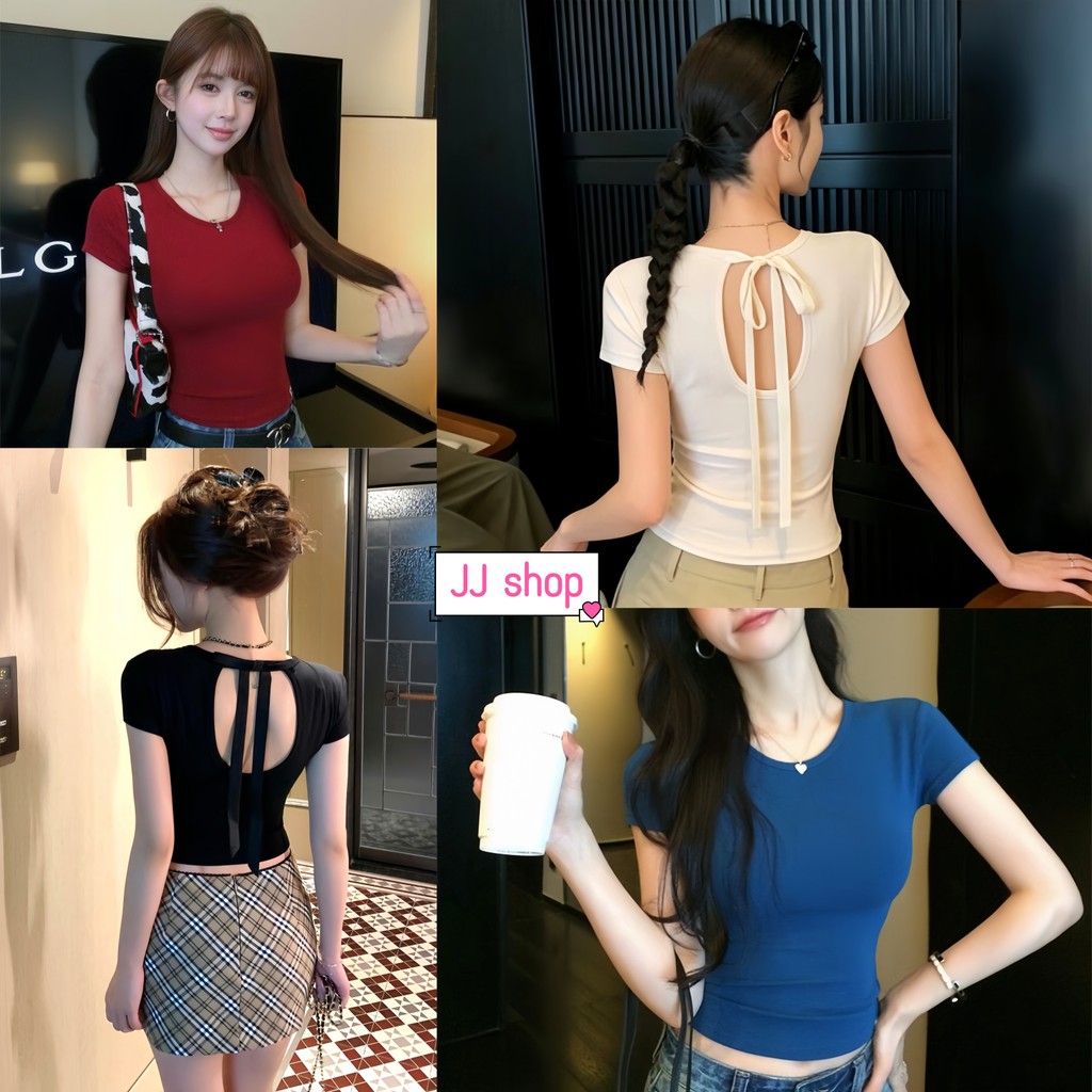 JJ shop เสื้อยืดแขนสั้นผู้หญิงแฟชั่นดีไซน์ผูกหลัง คอกลม สีเรียบ เข้ารูปทำให้ดูผอม ผ้านุ่ม-FY8319