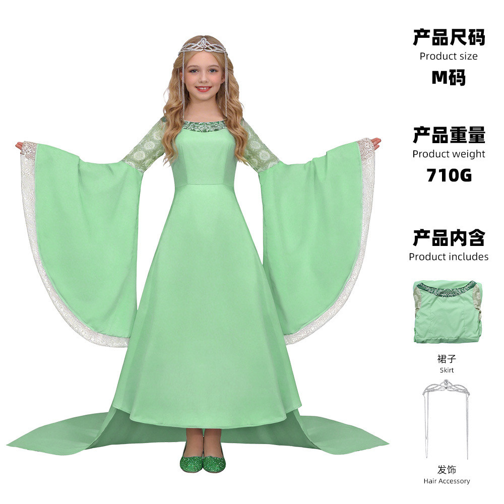 [คลังสินค้าพร้อม] Ring King Light Green Trailing Dress with Crown Halloween Show Arwin Elf Princess 