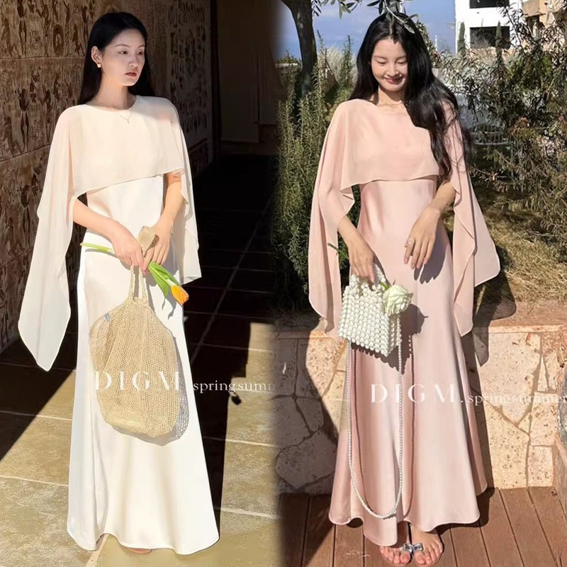 Dahong  99411 กระโปรงยาวซาติน oversize ชุดเดรสยาวสไตล์ฝรั่งเศส รุ่นใหม่ คอคลุม ดีไซน์เข้ารูปช่วงเอว ช่วยพรางหุ่น