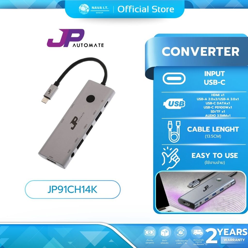 (มีส่งด่วน) JP AUTOMATE Converter 9in1 Type-C+HDMI 4K60hz+USB3.0x1+USB2.0x2+PD100W+SD+TF+USB-Cdata+A