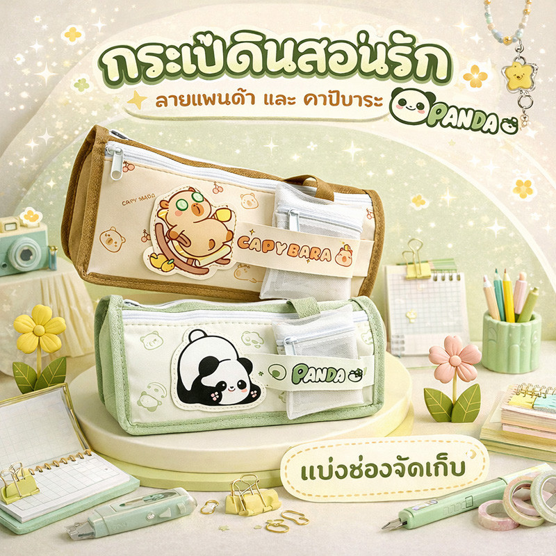 กระเป๋าดินสอน่ารักคาปิบาร่า 4 ชั้น ผ้าตาข่าย จุของได้เยอะ สำหรับนักเรียน