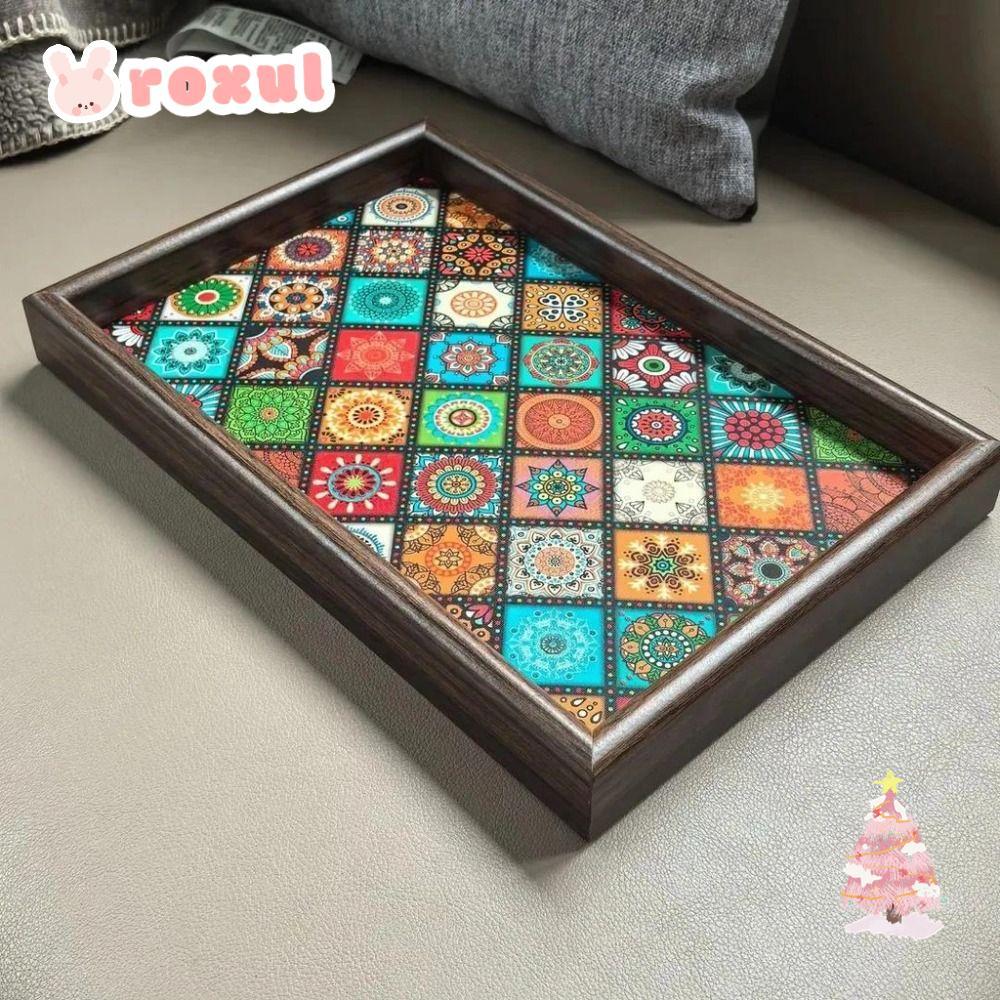 ROXUL ถาดเก็บเครื่องประดับ,สแควร์ 30x20 ซม.ถาดไม้,สไตล์โบฮีเมียน Handmade ถาดขนมสําหรับเดสก์ท็อป Foyer ตกแต่ง Home Storage