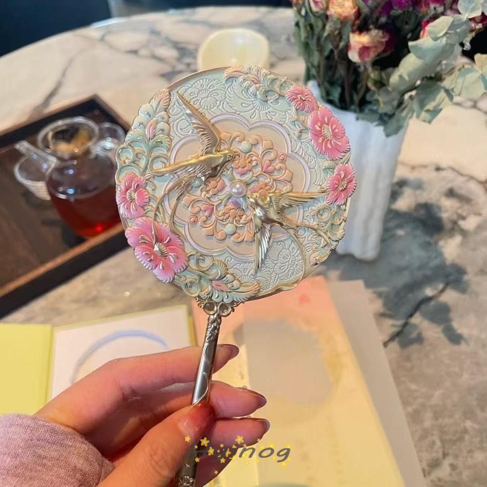 HYINOG กระจกขนาดเล็ก, Peony Delicate Flower เครื่องมือเครื่องสําอางสไตล์จีน, ของขวัญกระจกแต่งหน้าพกพาสไตล์วินเทจอินเทรนด์