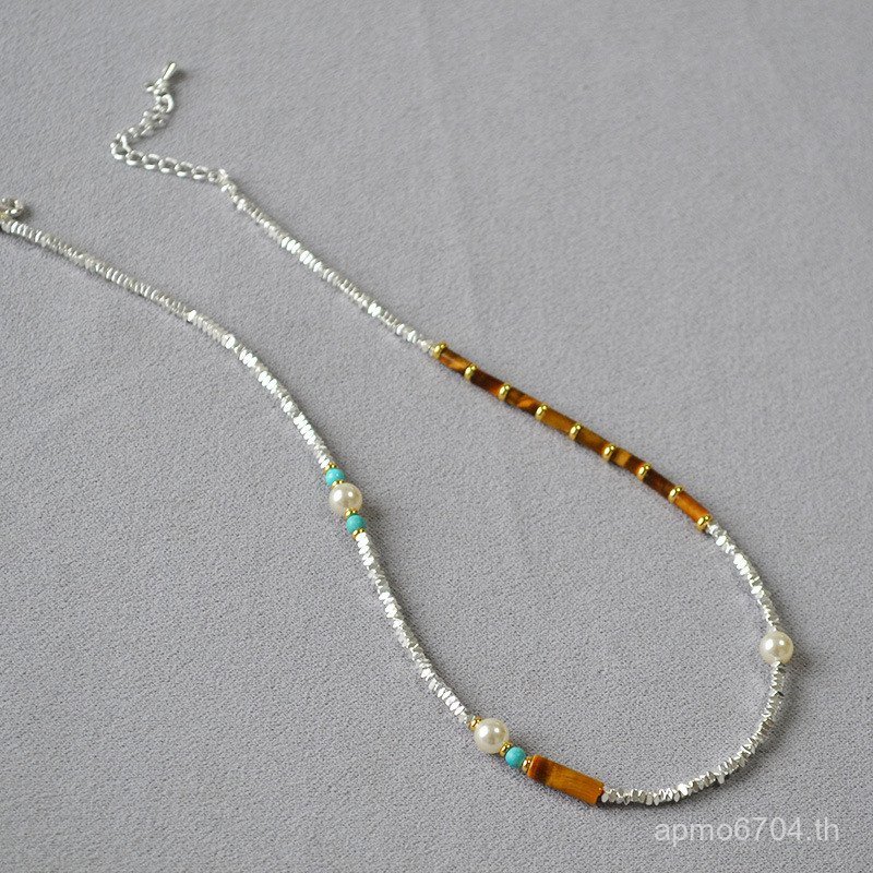 Creative Retro Tiger Eye Stone เงา Handmade Niche Pearl ใหม่ที่ไม่ซ้ํากัน Classy Silver จีนสร้อยคอลู