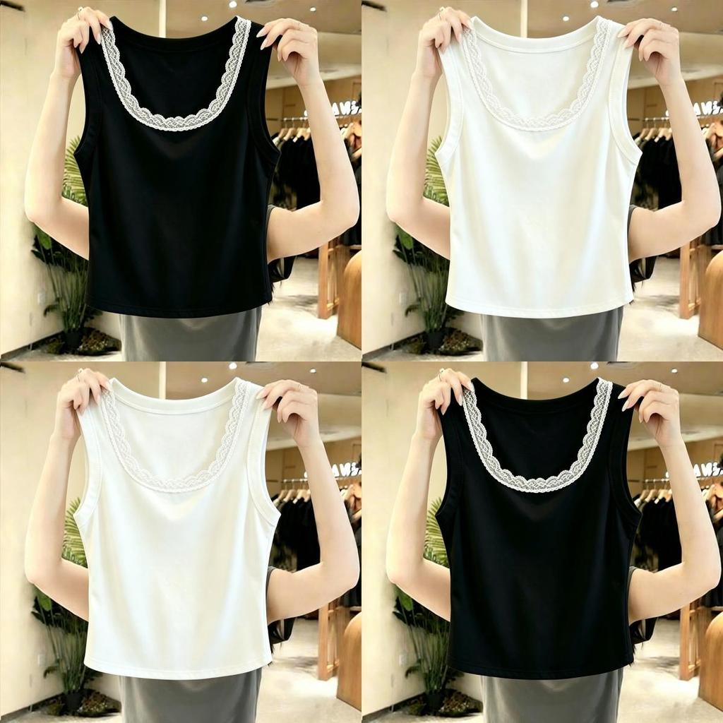 เสื้อกล้ามคอUขอบลูกไม้พื้นฐานสำหรับผู้หญิง เสื้อไร้แขนยืดหยุ่นรัดรูป เสื้อพื้นฐานฤดูร้อนใส่ในหรือใส่ข้างนอกเข้ากับทุกชุด