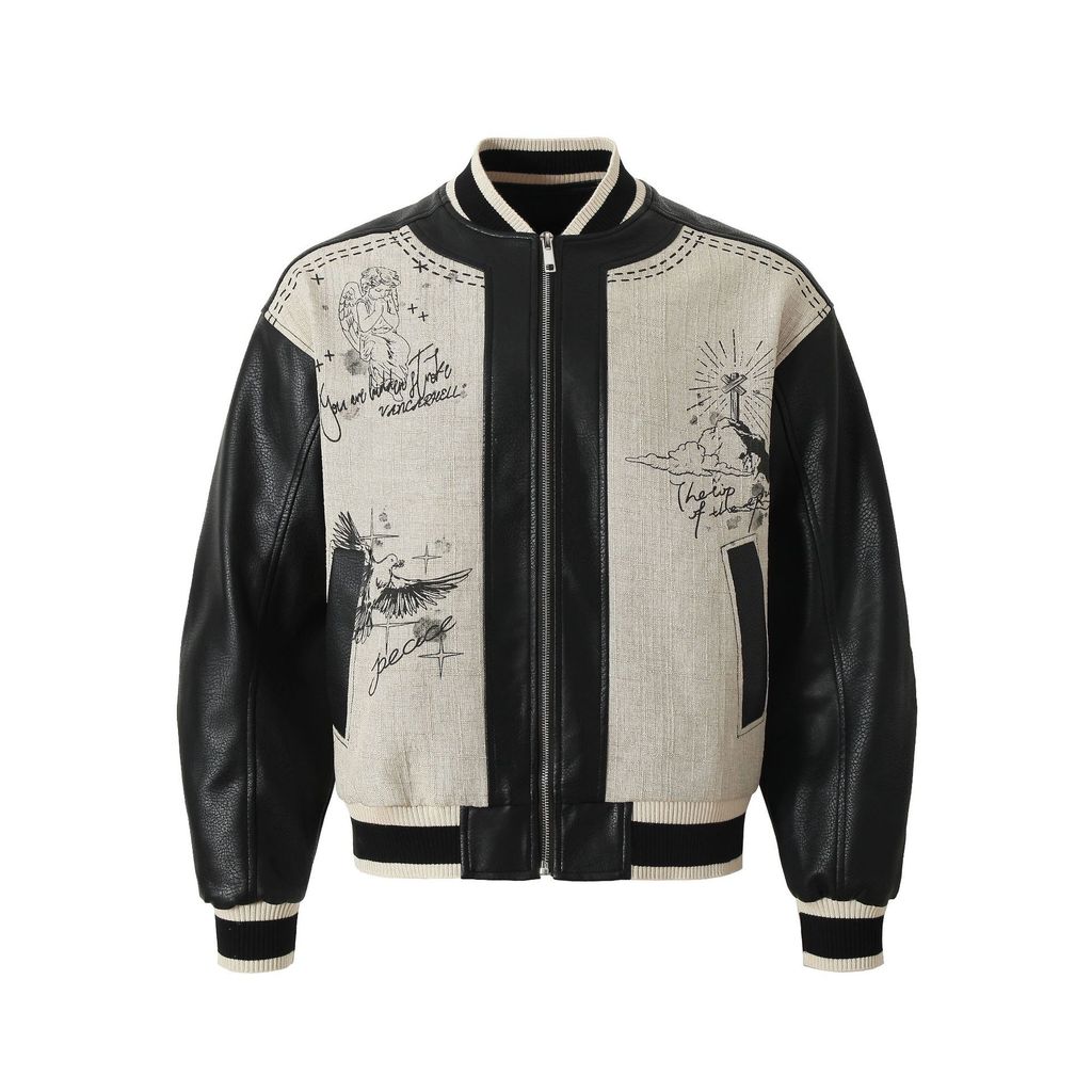 Qi Qiqi เสื้อผ้า Club American Retro Street สวมใส่เย็บ Stand-Up Collar แจ็คเก็ตหนังผู้ชายผู้หญิงรถจั