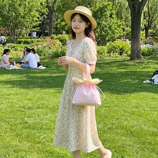 FITNESSFACTORY กระเป๋าสะพายข้างลายดอกไม้, กระเป๋าสไตล์เกาหลี Sparkly Star Flower Bag, Casual Cute Plaid Cloth Canvas Shoulder Bag Vacation