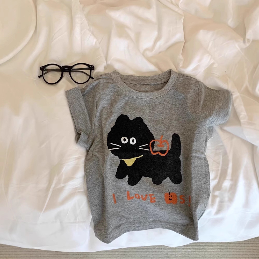 เด็กสไตล์ใหม่ฤดูร้อนน่ารักการ์ตูนแมวพิมพ์แขนสั้นเสื้อยืดสาวผ้าฝ้ายแท้สบายระบายอากาศสีเทารอบคอครึ่งแขนด้านบน