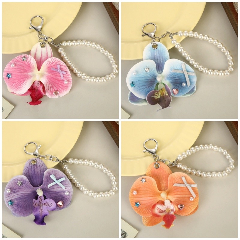 Sweet Punk Butterfly Orchid Key Chain Pearl Beaded Bag Hanger Aesthetic Y2K Fashion Accessory