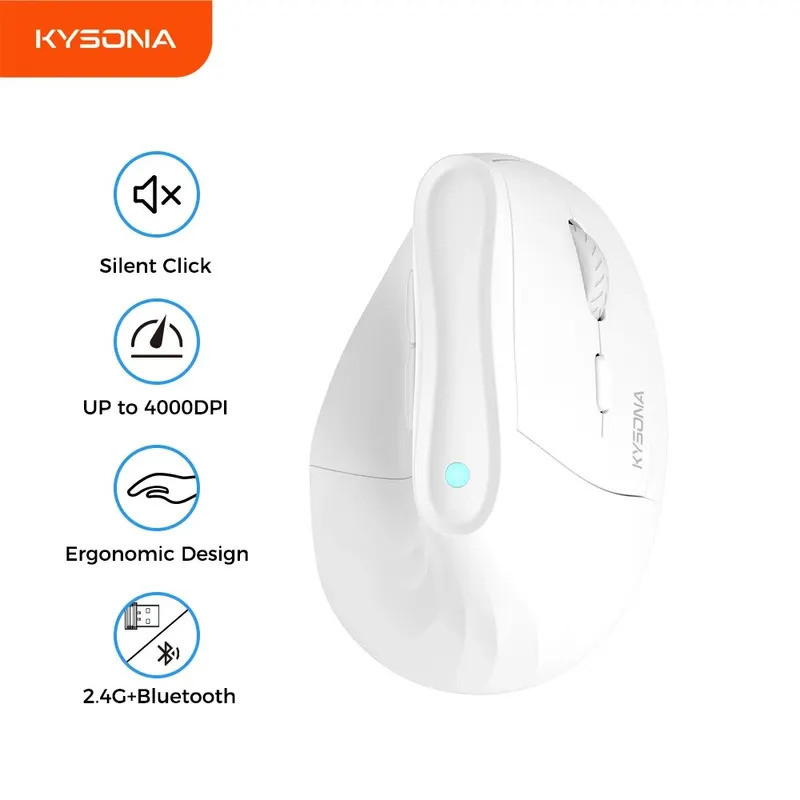 Kysona เมาส์แนวตั้งไร้สายบลูทูธ Ergonomic RGB ชาร์จ 4000DPI 6 ปุ่มปิดเสียงสําหรับแท็บเล็ตแล็ปท็อปคอม