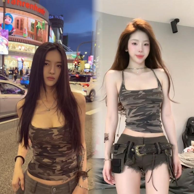 ลาย พราง สไตล์ สตรีท เสื้อ ครอป สายเดี่ยว ฟองน้ำ ใน ตัว เข้ารูป สไตล์ อเมริกัน สาว สวย สุด ฮอต
