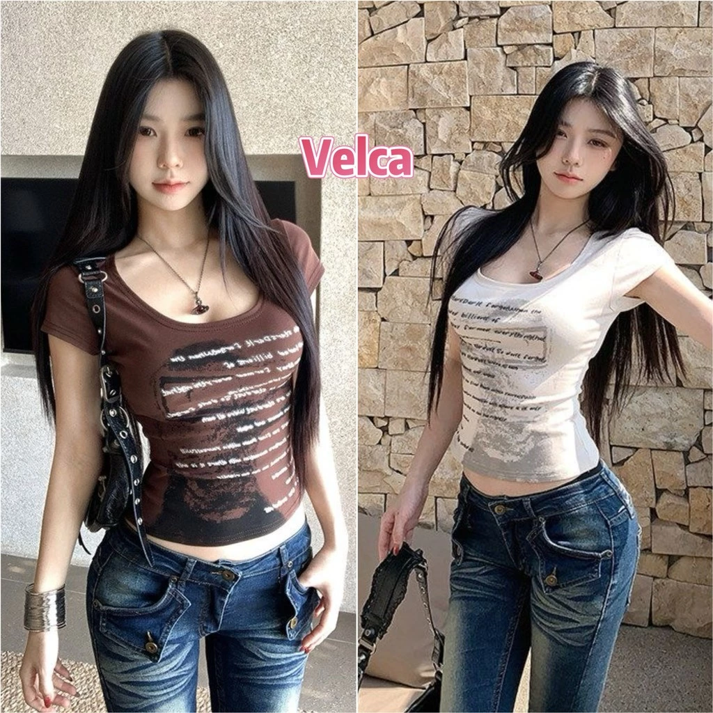 Velca ส่งไวจากไทย เสื้อท่อนบน แขนสั้น พิมพ์ลายตัวอักษร สไตล์ย้อนยุคอเมริกัน เซ็กซี่