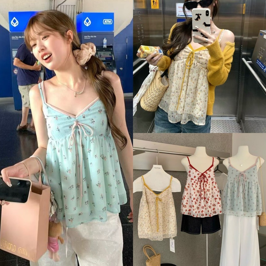 ❤ 🧵 🇰🇷 Y3353 เสื้อสายเดี่ยว ลายดอกไม้ แต่งสองชั้นให้สีเข้ากับดอกไม้ แฟชั่นเกาหลี TAG Yjia 🧡