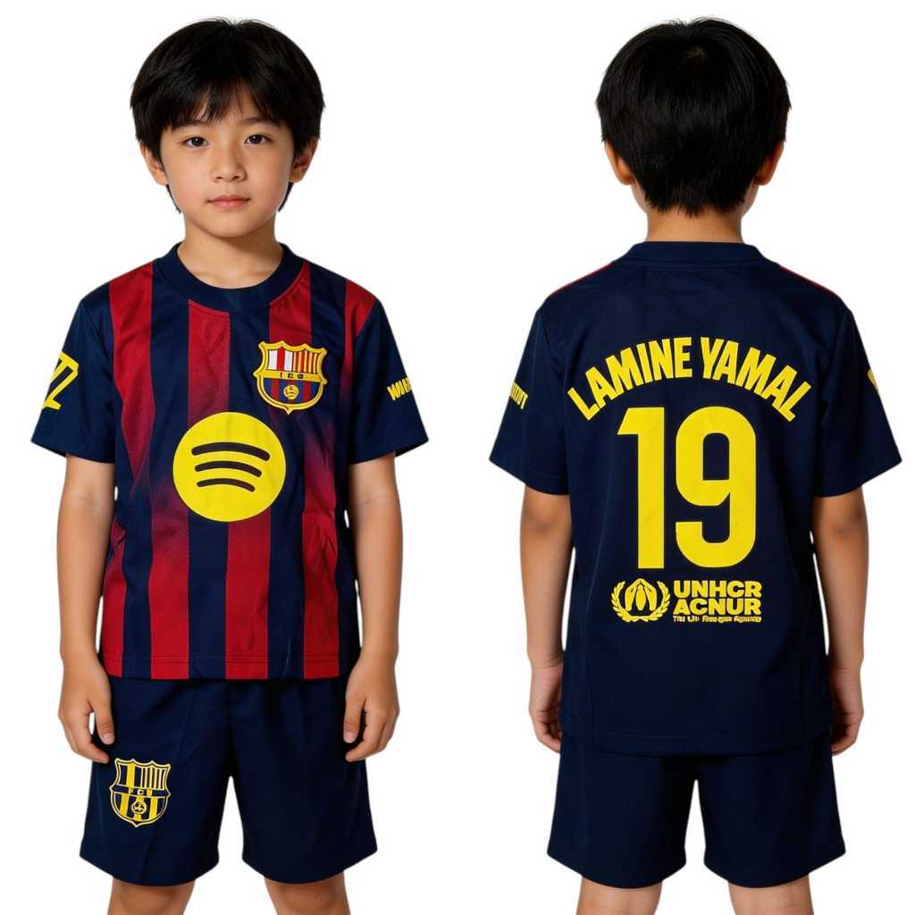 ใหม่ล่าสุด BARCELONA LAMINE YAML KIDS FOOTBALL JERSEY SET AGES 1-15 ปี