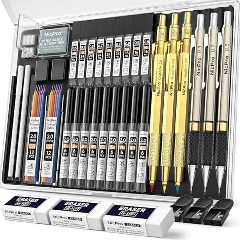 Pencil Set, 3 PCS Metal Drafting Pencil 0.5 mm & 0.7 mm & 0.9 mm & 3 PCS 2mm Lead Holder (6B 4B 2B H