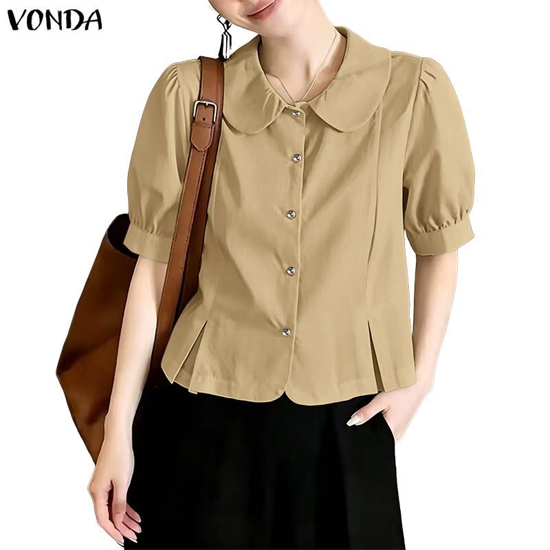 VONDA เสื้อผ้าเกาหลีสำหรับผู้หญิง แขนพัฟ ลายเรียบ สไตล์ A-Line น่ารัก