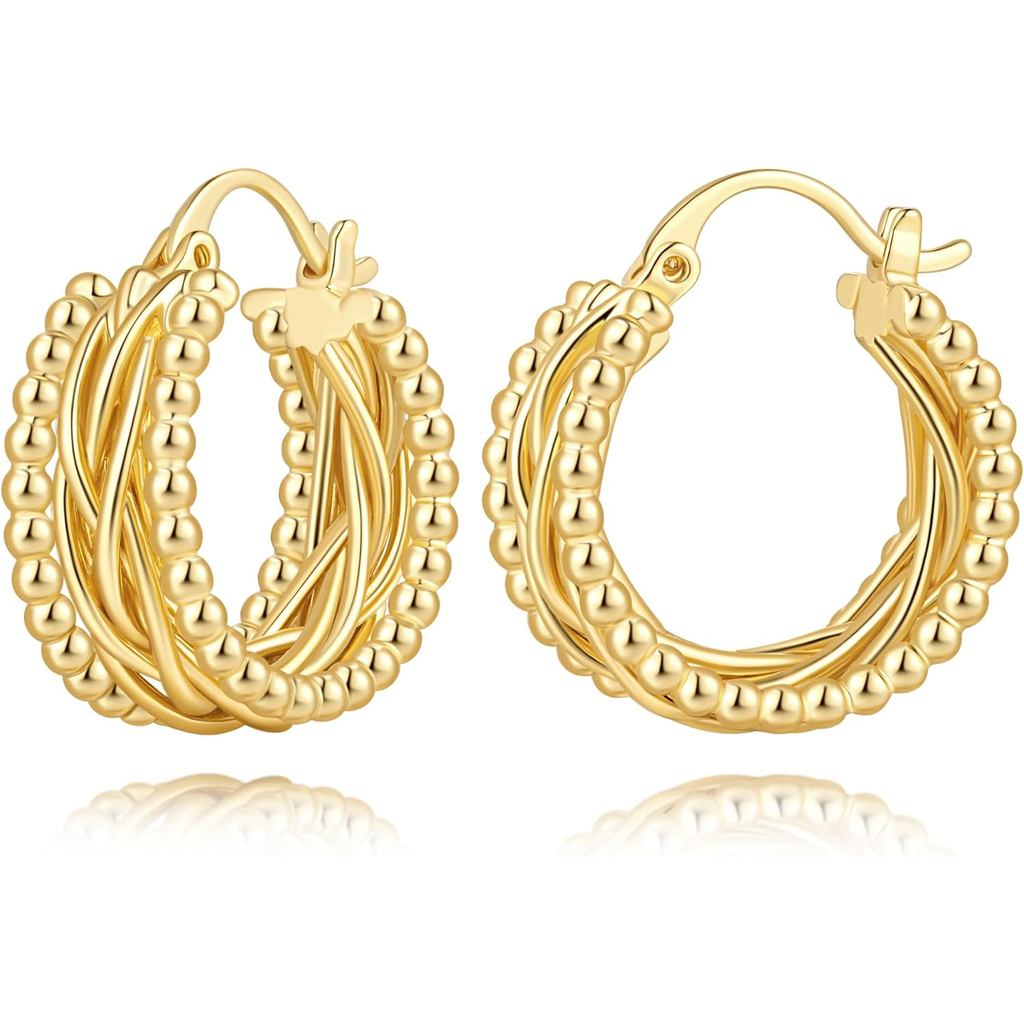 ต่างหูห่วง 14K Gold กับลูกปัด ออกแบบทวิสต์ สไตล์ sculptural ขนาดเส้น Durch 23 มม.