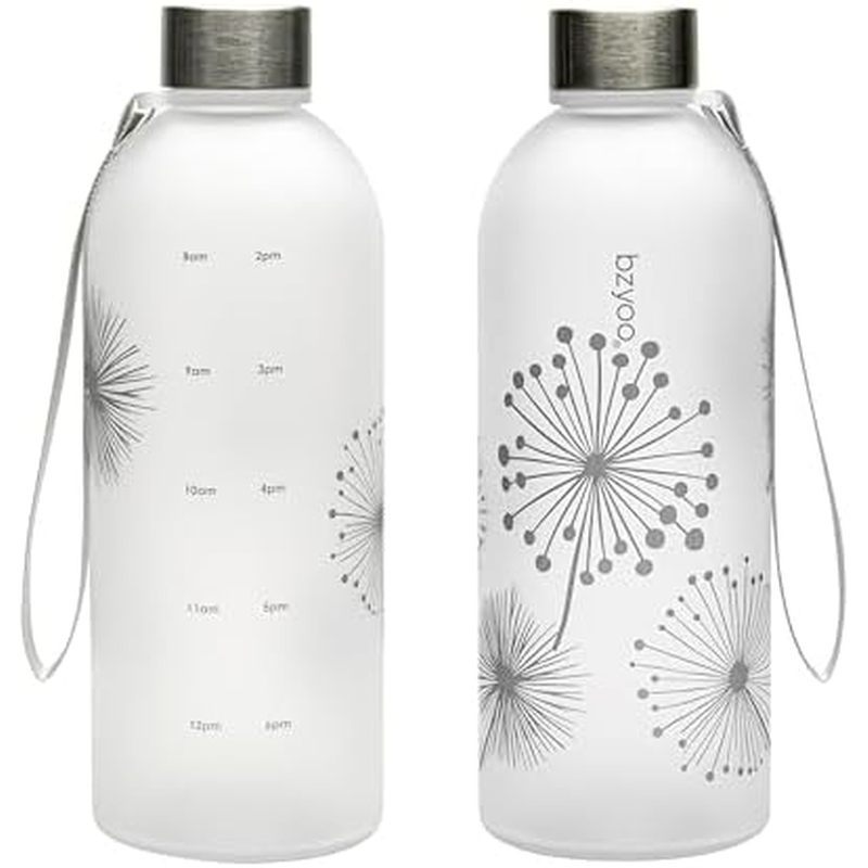 bzyoo 32 OZ 1 Liter Time Marker Water Bottle Frosted Durable Plastic With Strap - Reusable Clear Bot