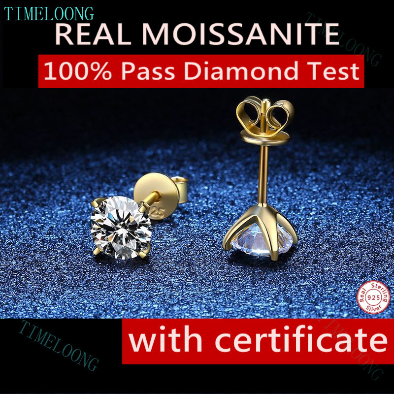 จริง Moissanite ต่างหู GRA พร้อมใบรับรอง Pass Diamond Test D สีรอบตัด 3-9 MM 18k ทองชุบ S925 เงินสําหรับผู้หญิงผู้ชาย Studs ต่างหู Party ของขวัญ