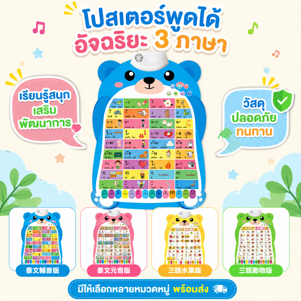 สินค้าพร้อมส่ง! เครื่องอ่านเสียงแบบกดปุ่ม โปสเตอร์การเรียนรู้สามภาษาออกแบบมาสำหรับเด็กอายุ 3-12 ปี: อังกฤษ/อังกฤษมาตรฐาน