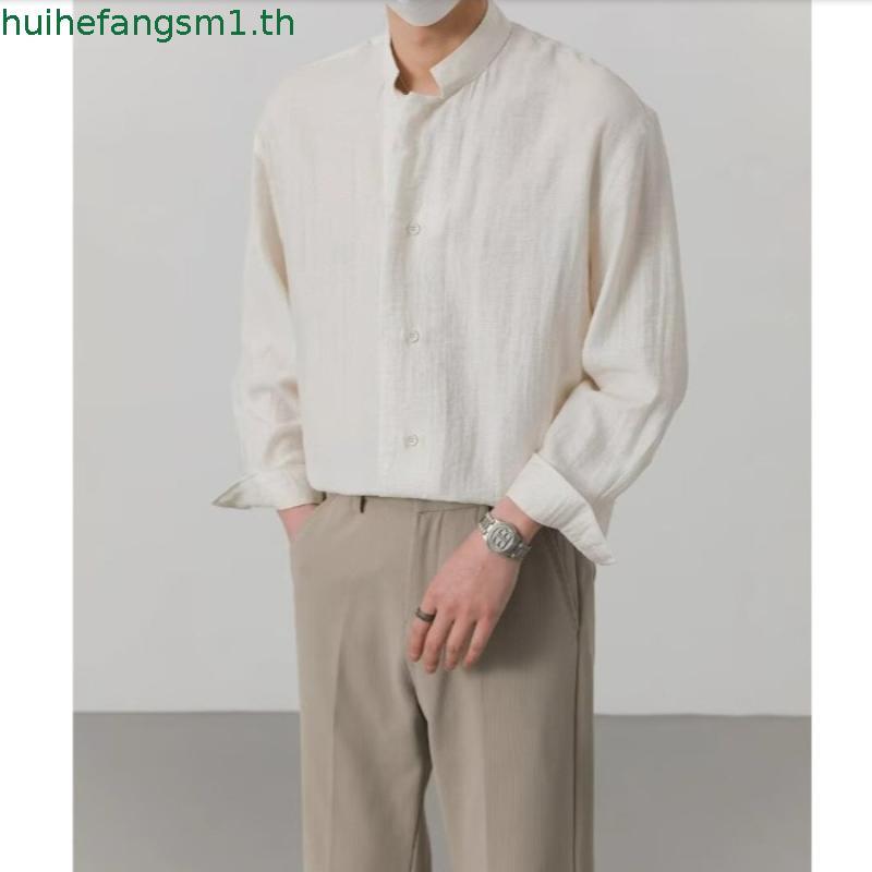 NHYGSV เสื้อเชิ้ตแขนยาวผู้ชาย ผ้าลินินระบายอากาศได้ดี มี 3 สี ทรงหลวม คอปกตั้ง [B436]