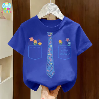 【ส่งจากกรุงเทพฯ】NFV KIDS เสื้อยืดแขนสั้นเด็ก✨ซึบซับเหงื่อ ระบายอากาศ ผ้าหนายับยากรีดง่าย ลายพิมพ์เนคไทสีน้ำเงิน YG1349