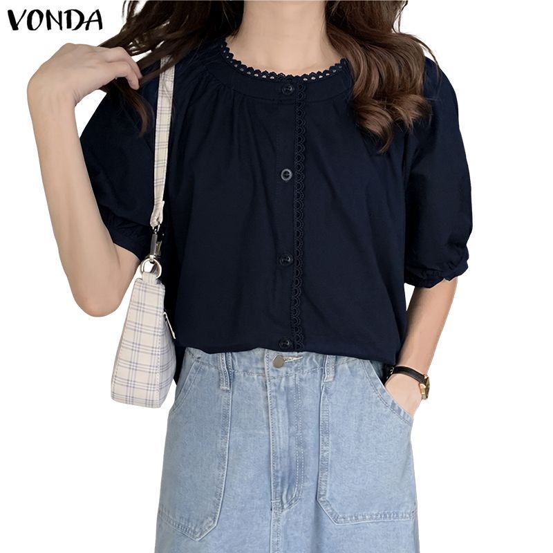 VONDA ผู้หญิงเกาหลีสไตล์ลําลองรอบคอปุ่มลูกไม้ Splicing Raglan พัฟสีทึบทอติดตั้ง H Line Commuting เสื้อแขนสั้น