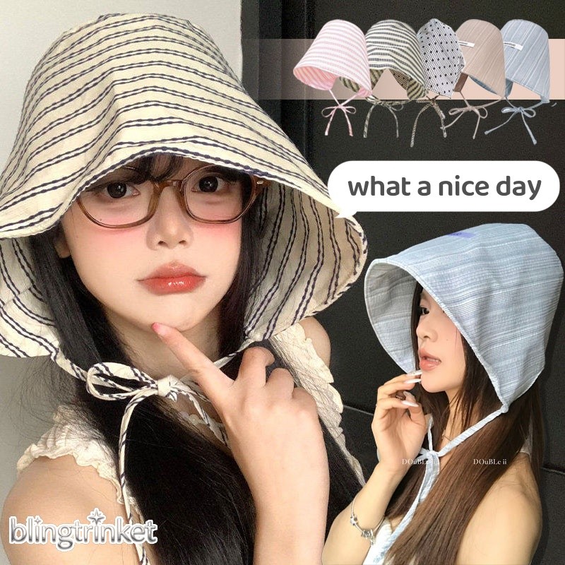 BlingTrinket ✨✨สไตล์หวานๆ หมวกกันแดด หมวกชาวประมง ทำให้ใบหน้าดูเล็กลง ดีไซน์แบบผูกเชือก คุณภาพสูง ส่งไวจากไทย