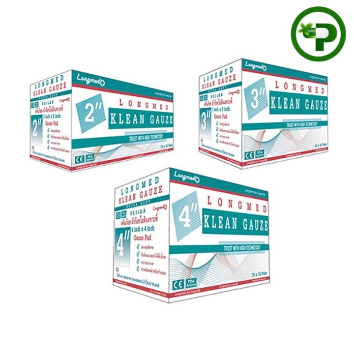 LONGMED KLEAN GAUZE ลองเมด คลีนก๊อซ ผ้าก๊อซใยสังเคราะห์ 2 นิ้ว / 3 นิ้ว / 4 นิ้ว (10 ห่อ/กล่อง)