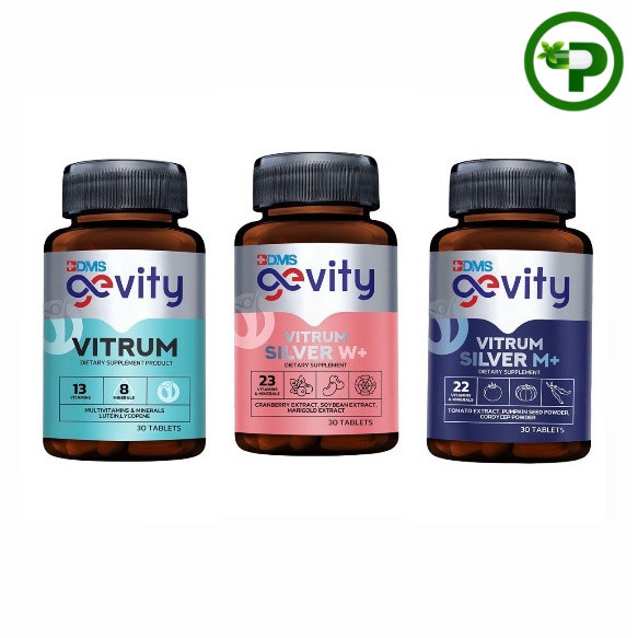 BDMS Gevity Vitrum  ( จีวิตี้ ไวทรัม) มี 3 สูตร (Vitrum / M+ / W+) บรรจุ 30 เม็ด   ผลิตภัณฑ์เสริมอาห