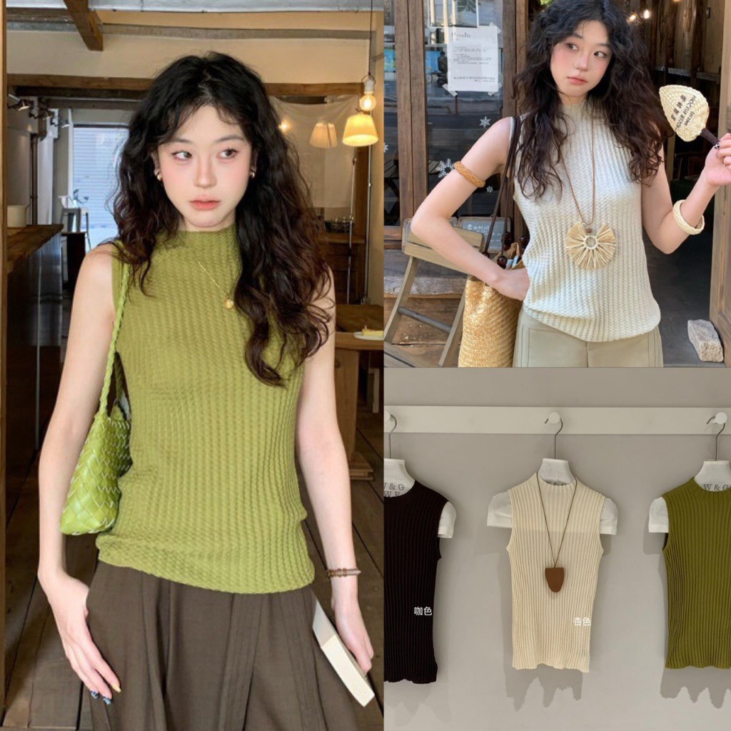 ❤ 🧵 🇰🇷 W9351 เสื้อแขนกุดคอปีน ผ้าทอมีลายเทกเจอร์ ทรงเบสิค ยืดหยุ่นได้ดี ผ้าดีใส่สบาย แฟชั่นเกาหลี TAG WG.WE 🧡