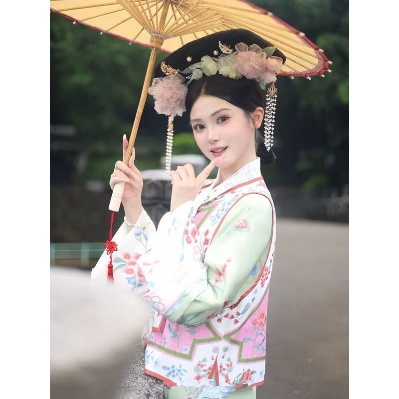 Qing Dynasty Checkered เสื้อผ้า Qing Dynasty Hanfu พิมพ์ Heavy Industry Recovery Full Family Vest Ch