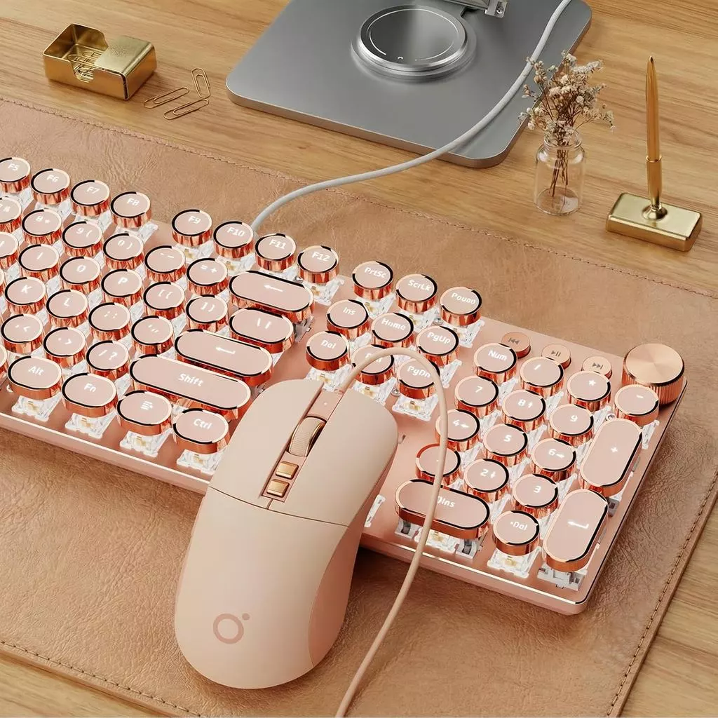 EWEADN คีย์บอร์ดและเมาส์ Combo สไตล์เครื่องพิมพ์ดีด 104 คีย์ มีไฟ LED