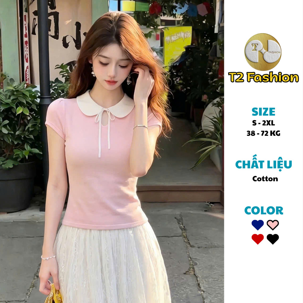 เสื้อยืดคอปกดอกบัวสําหรับผู้หญิงผูกโบว์ดีไซน์คัตเอาท์ทรงหยดน้ําผ้าฝ้าย T2 - T2604