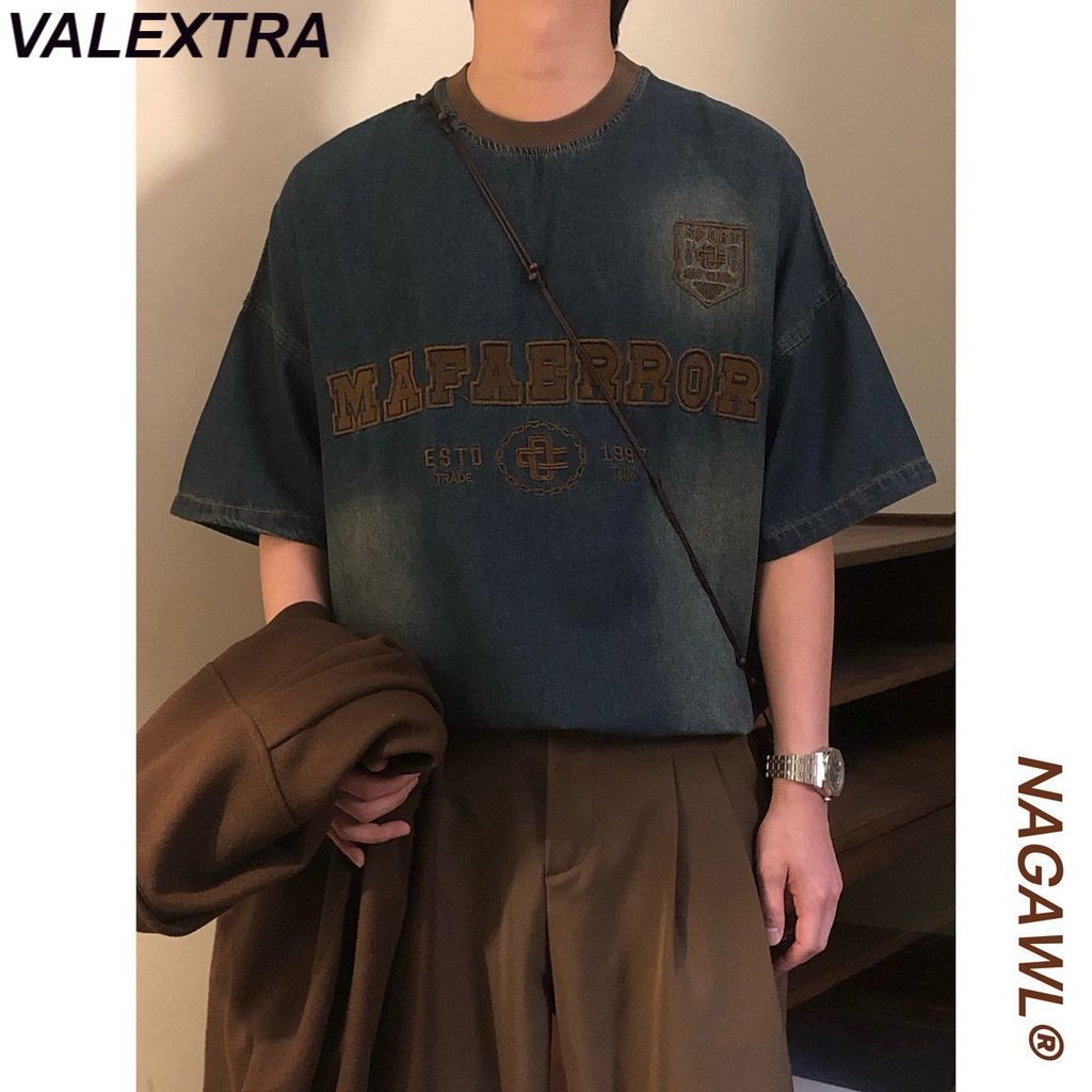 VALEXTRA American Retro ปัก Denim เสื้อยืดแขนสั้นผู้ชายผู้หญิงหลวม Street สวมใส่ All-Match ครึ่งแขน 