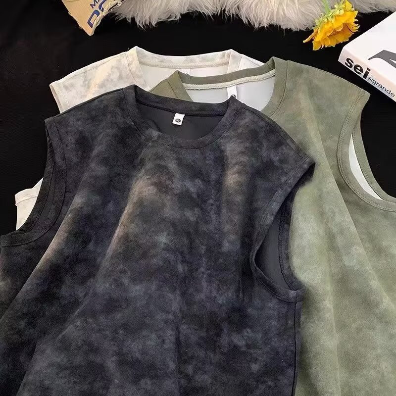 2026 ฤดูร้อน Tie-Dye เสื้อยืดแขนกุดผู้ชายหลวม Streetwear อินเทรนด์สบายๆรอบคอเสื้อกั๊ก